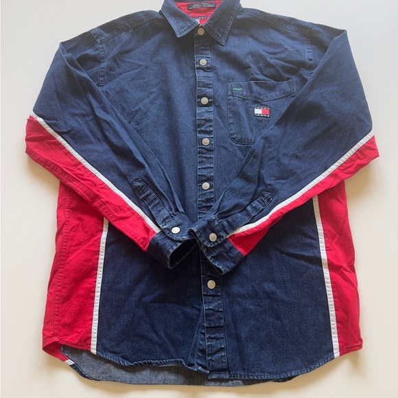 EUC Early 90-2000's Tommy Hilfiger Navy and Red Casual Denim Shirt Size L (G3) - Picture 1 of 7